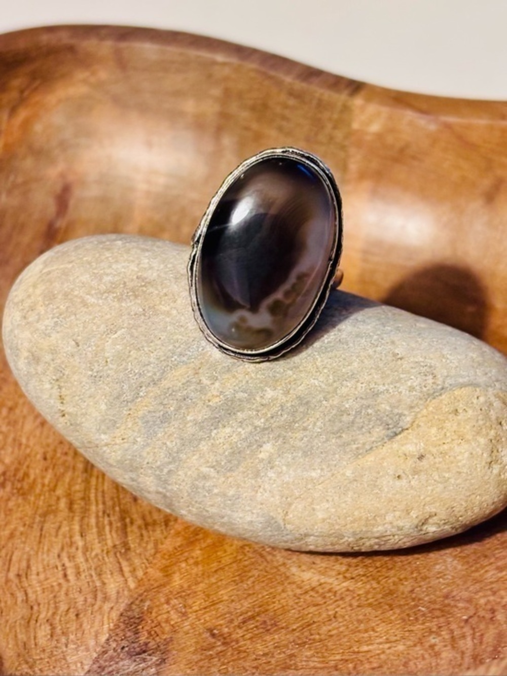 Smoky Moon Agate Sterling Silver Plated Statement Ring Size 7